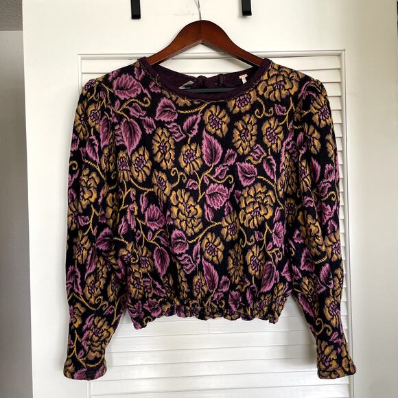 Free People No Ordinary Top Floral Cropped Puff Sleeve Sweater Size Small - Picture 2 of 9